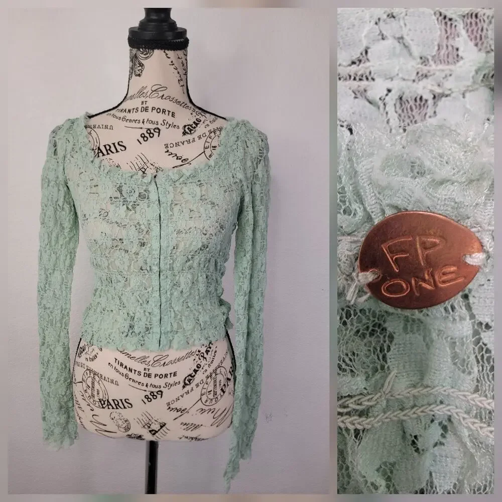 Free People FP One Madison Top Sz S Smocked Lace Sheer Hook-Front Bell Sleeve